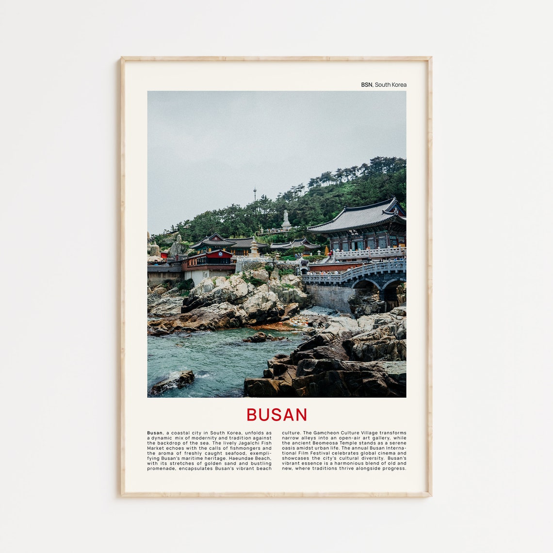 Minimalist Busan Travel Photo Poster Featuring a Seaside Temple