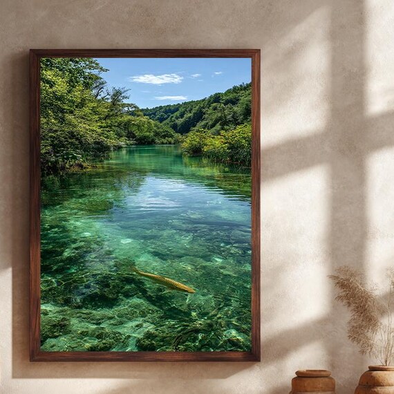 Wide Turquoise River With Swimming Fish Poster Under Blue Sky