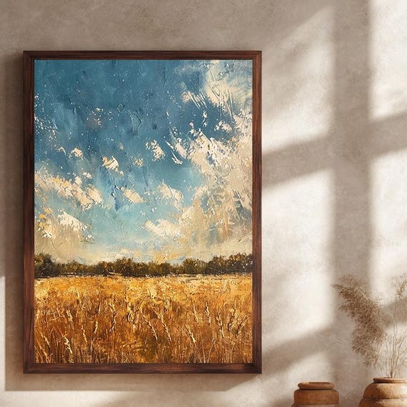 Golden Wheat Field Abstract Landscape Canvas Wall Art Rustic Summer Farm Print With Blue Sky For Country And Nature Home Decor
