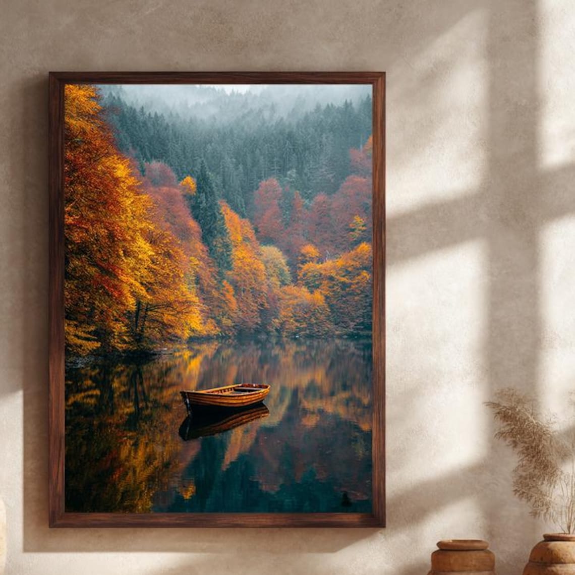 Autumn Lake Wooden Rowboat Fall Foliage Mirror Reflection Nature Poster