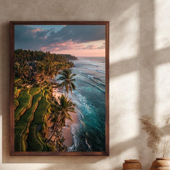 Tropical Rice Terrace Beach Sunset Palm Coast Paradise Poster Art