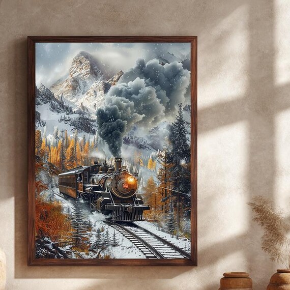 Vintage Steam Train Through Snowy Mountain Forest Winter Poster