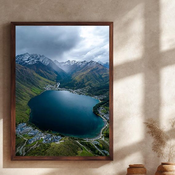 Aerial Mountain Lake Canvas Wall Art Snowy Peaks Deep Blue Water And Valley Village Landscape For Modern Rustic Nature Home Decor