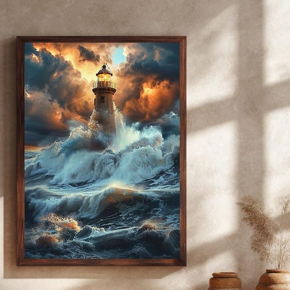 Stormy Lighthouse Canvas Wall Art With Ocean Waves And Dramatic Sky Nautical Coastal Seascape Print For Living Room Decor