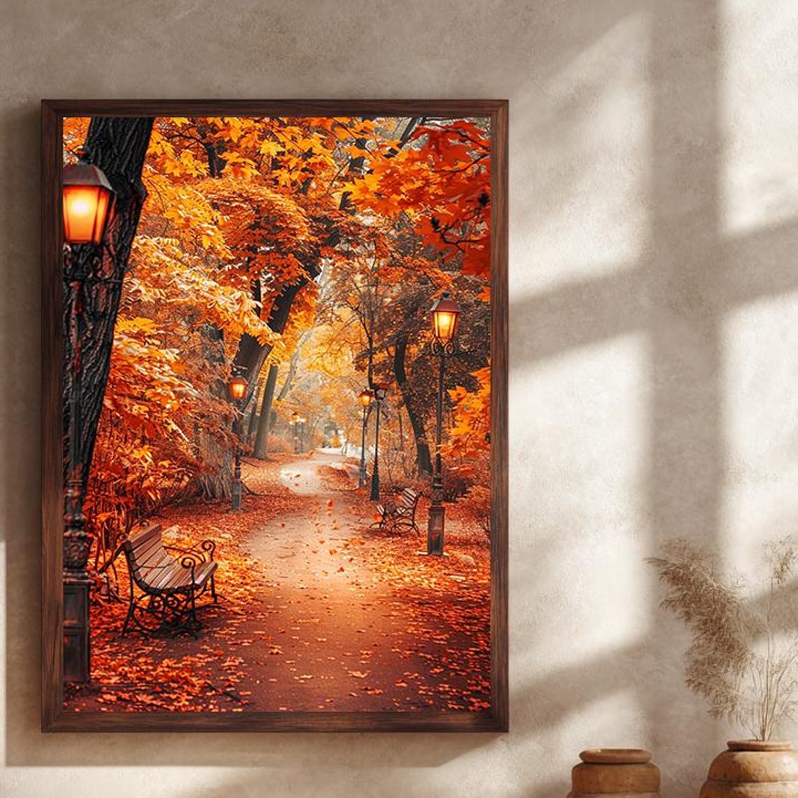 Autumn Park Path Falling Leaves Lamp Posts Golden Fall Poster