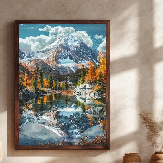 Snowy Alpine Peak Mirror Lake Golden Larch Forest Autumn Landscape Poster