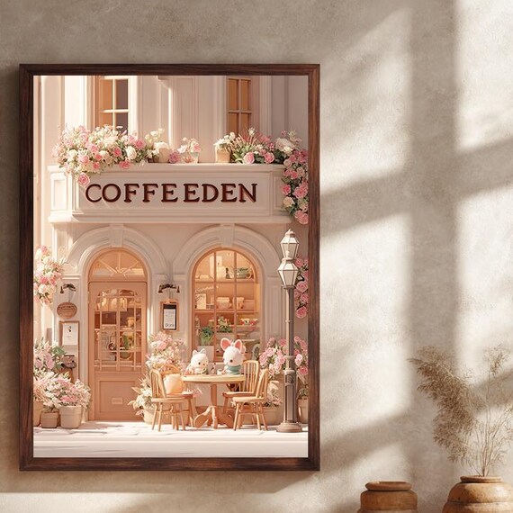 Coffeeden Cute Pastel Cafe Storefront Kawaii Bunny Floral Wall Art
