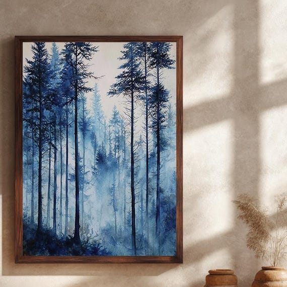 Blue Watercolor Forest Canvas Wall Art Misty Pine Tree Landscape Print Minimalist Nature Painting Artwork For Calm Decor