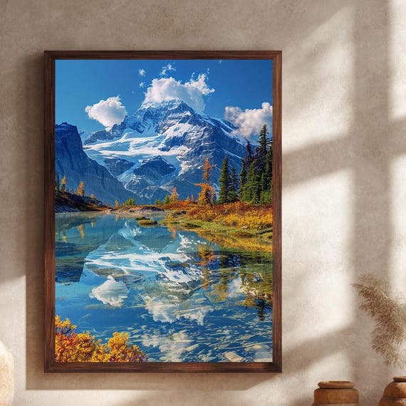 Snowy Mountain Canvas Wall Art With Blue Sky And Lake Reflection Scenic Nature Landscape Print For Living Room Home Decor