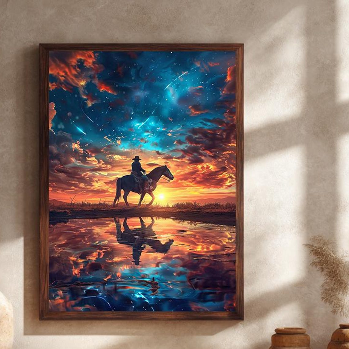 Western Cowboy Sunset Horse Silhouette Desert Sky Reflection Poster