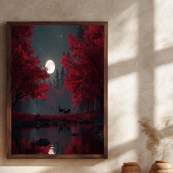 Moonlit Red Forest Deer Silhouette Lake Reflection Night Poster