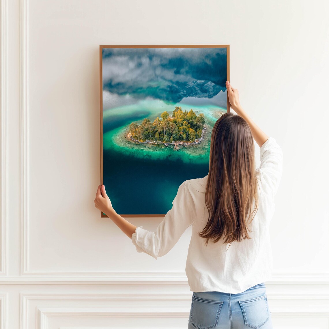 Aerial View of Tiny Forest Island in Turquoise Alpine Lake Poster - Image 3
