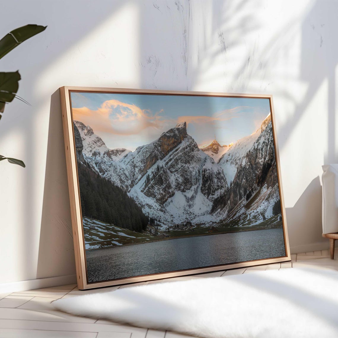 Snowy Alpine Peaks Glowing at Dawn Above a Mountain Lake Poster - Image 3