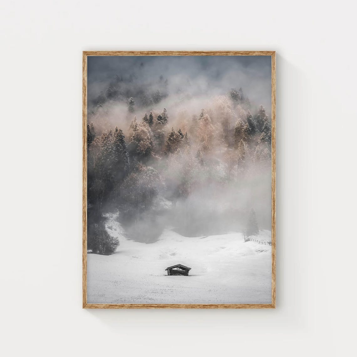 Misty Snowy Forest with Hidden Cabin Winter Photography Poster