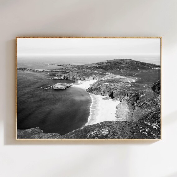 Aerial Black and White Coastal Bay with White Sand Beach Poster