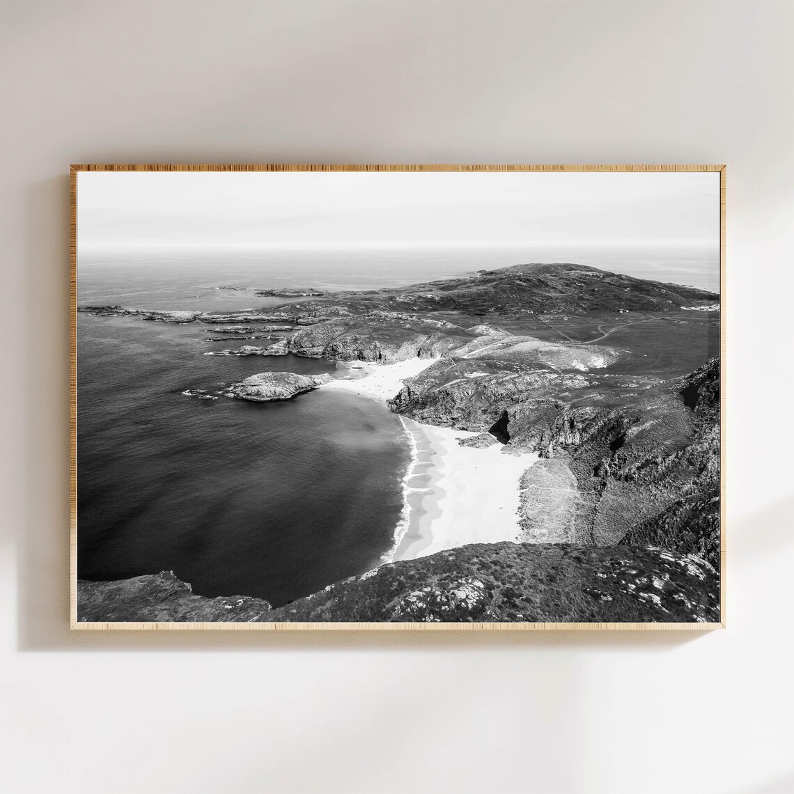 Aerial Black and White Coastal Bay with White Sand Beach Poster