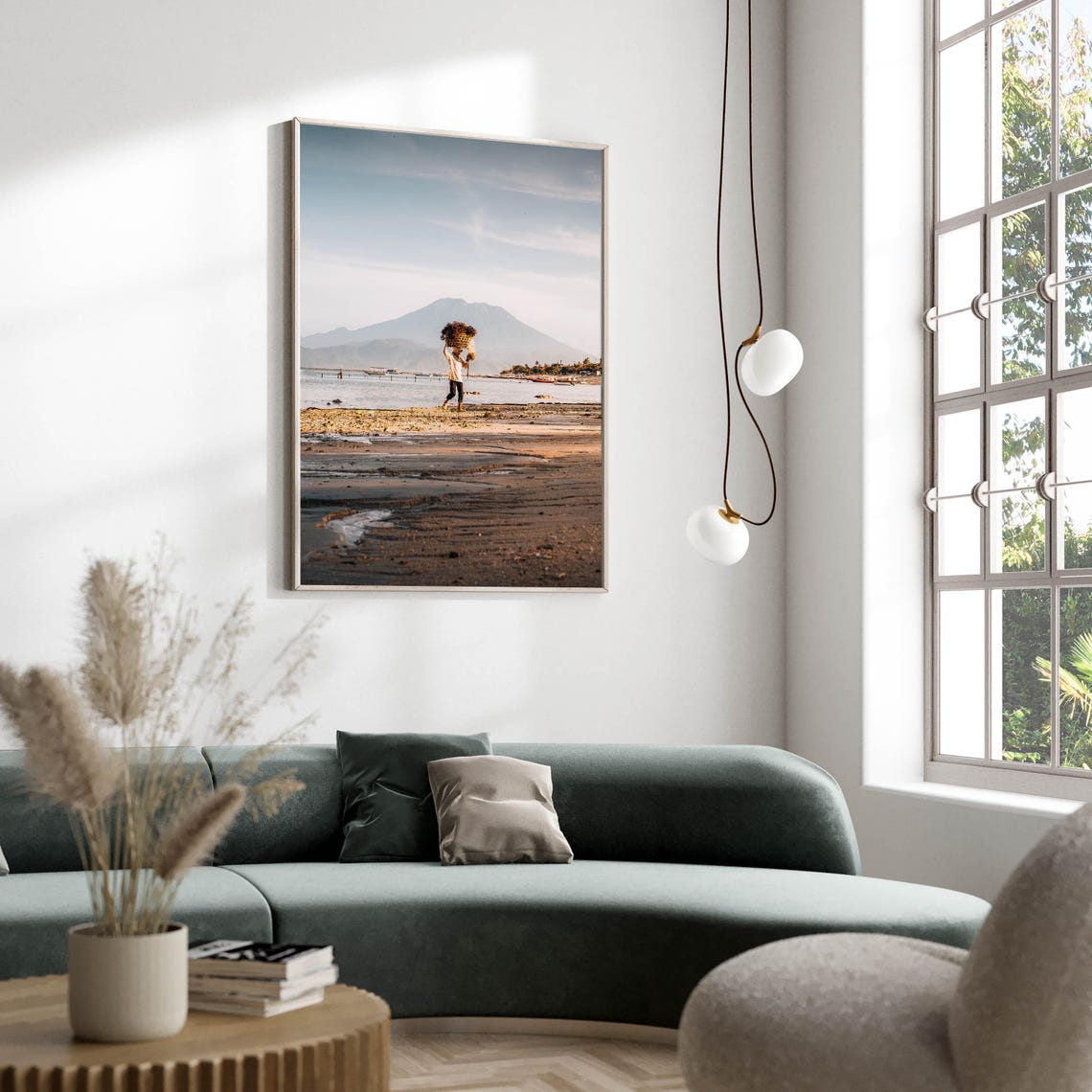 Seaweed Farmer Walking Beach With Volcano Behind Bali Indonesia Poster - Image 2