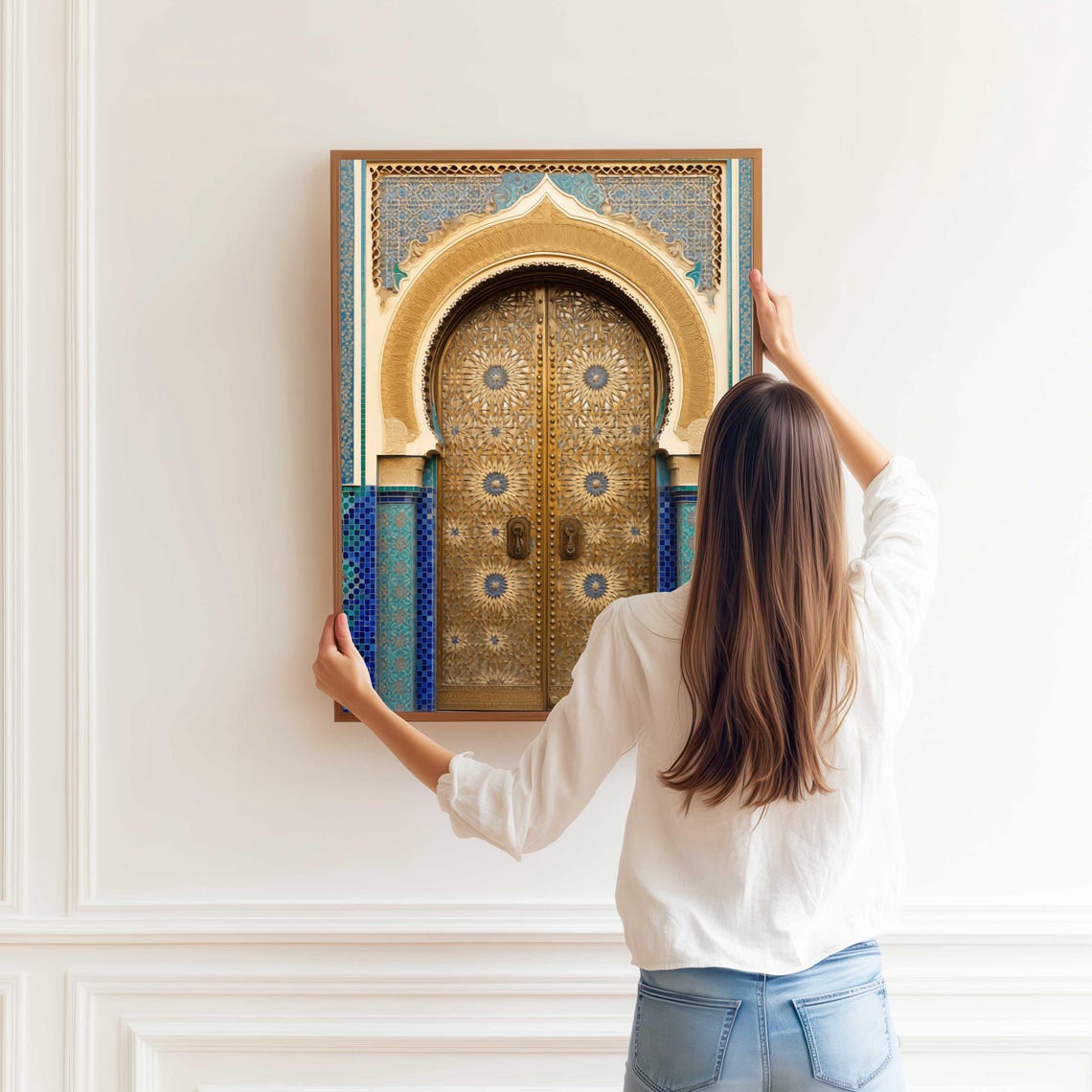 Moroccan Brass Door with Blue Zellige Tile Arch Detail Poster - Image 4