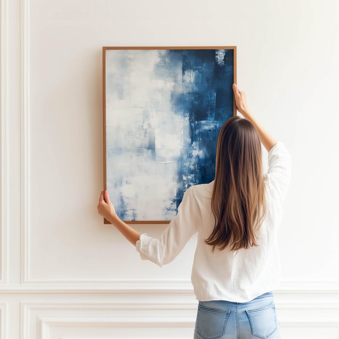 Deep Blue And White Abstract Brushwork Misty Modern Art Poster - Image 3