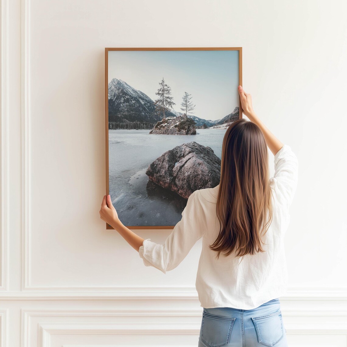 Frozen Alpine Lake with Boulders and Lone Pine Island Poster - Image 3