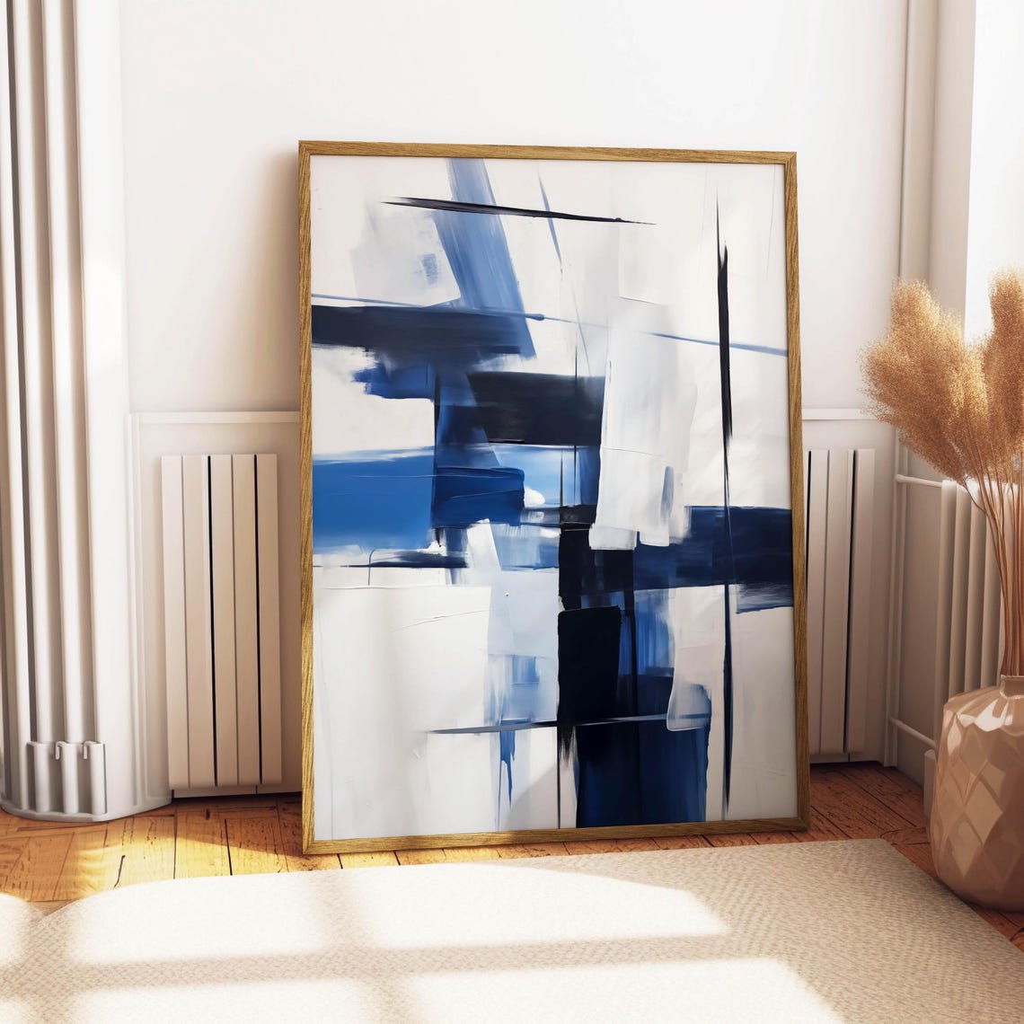 Navy Blue and White Abstract Brushstroke Geometric Art Poster - Image 4
