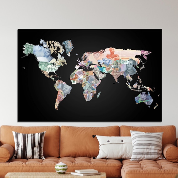 Money World Map Canvas Art Modern Office Decor