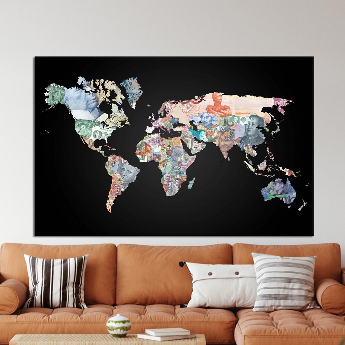 Money World Map Canvas Art Modern Office Decor