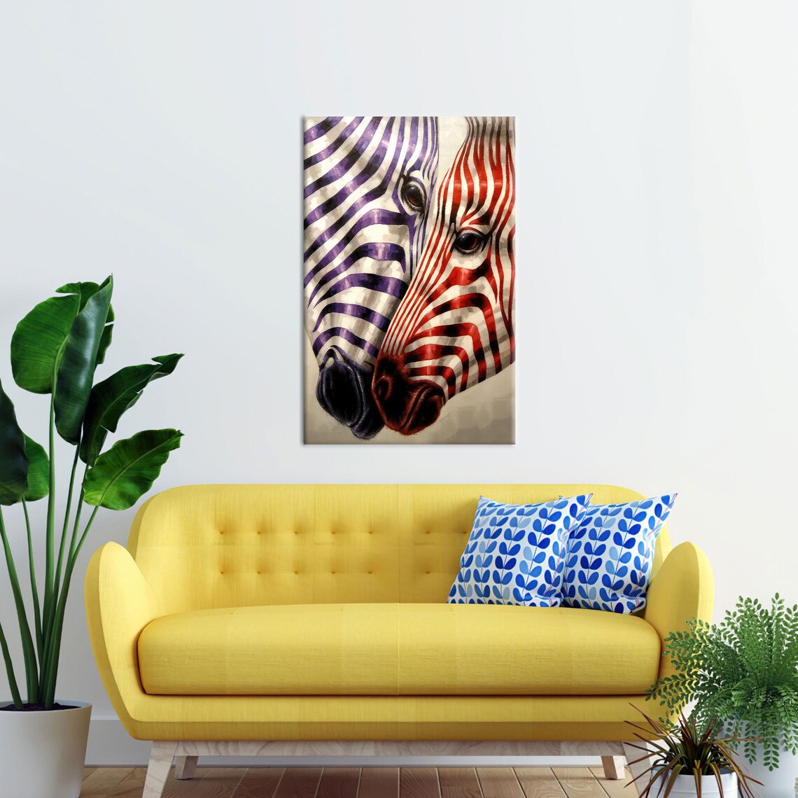 Purple Red Zebra Couple Nuzzle Colorful Animal Canvas Wall Poster