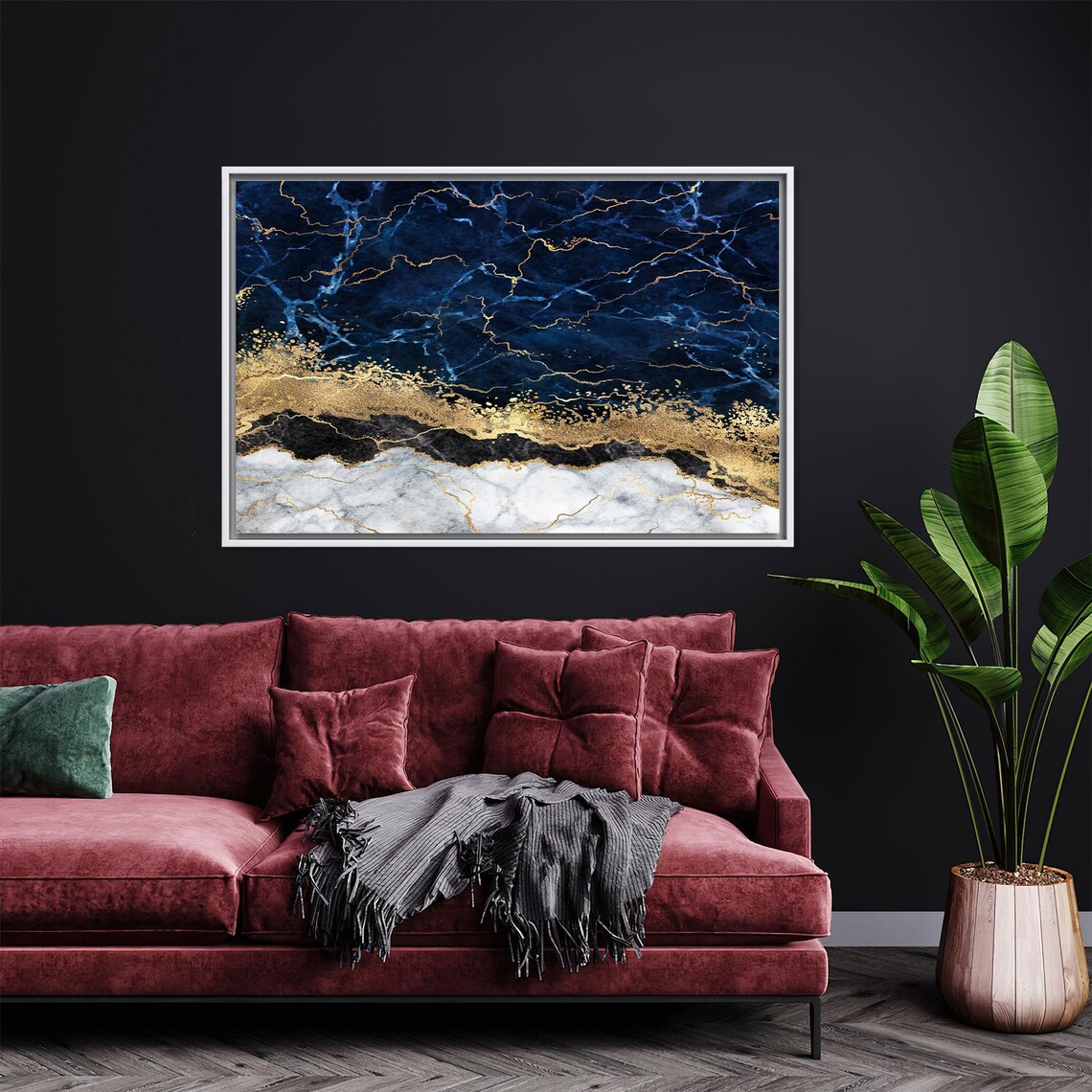 Navy Blue Marble Gold Vein Alcohol Ink Abstract Luxury Decor Poster