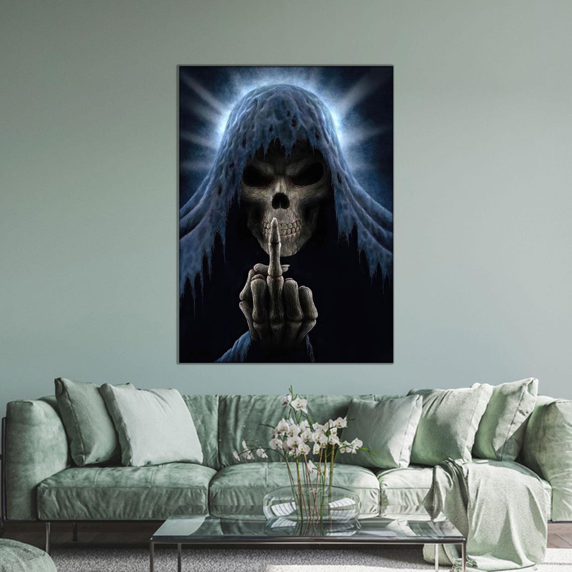 Gothic Grim Reaper Skull Middle Finger Dark Fantasy Horror Art Poster