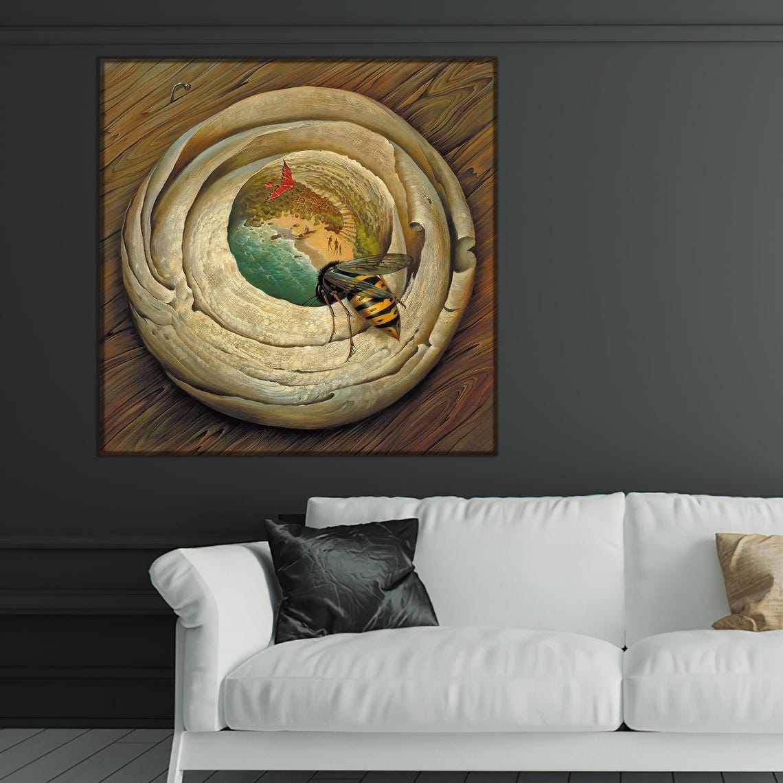 Giant Seashell Spiral Surrealist Wasp and Beach Scene Art Poster