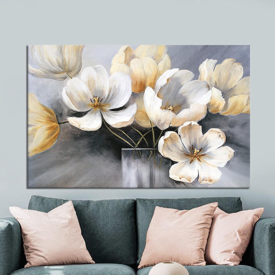 White And Gold Floral Bouquet Abstract Peony Painting Wall Poster