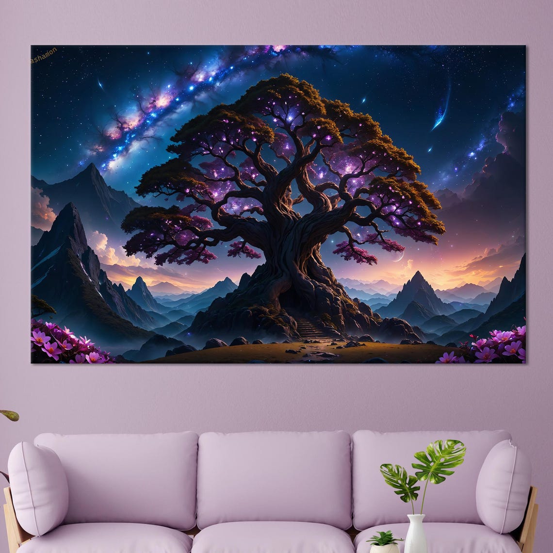 Starry Night Tree Milky Way Blossom Mountains Fantasy Sky Poster