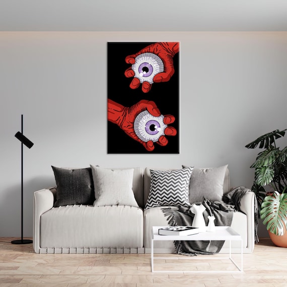 Horror Red Hands Holding Eyeballs Gothic Black and Red Art Poster