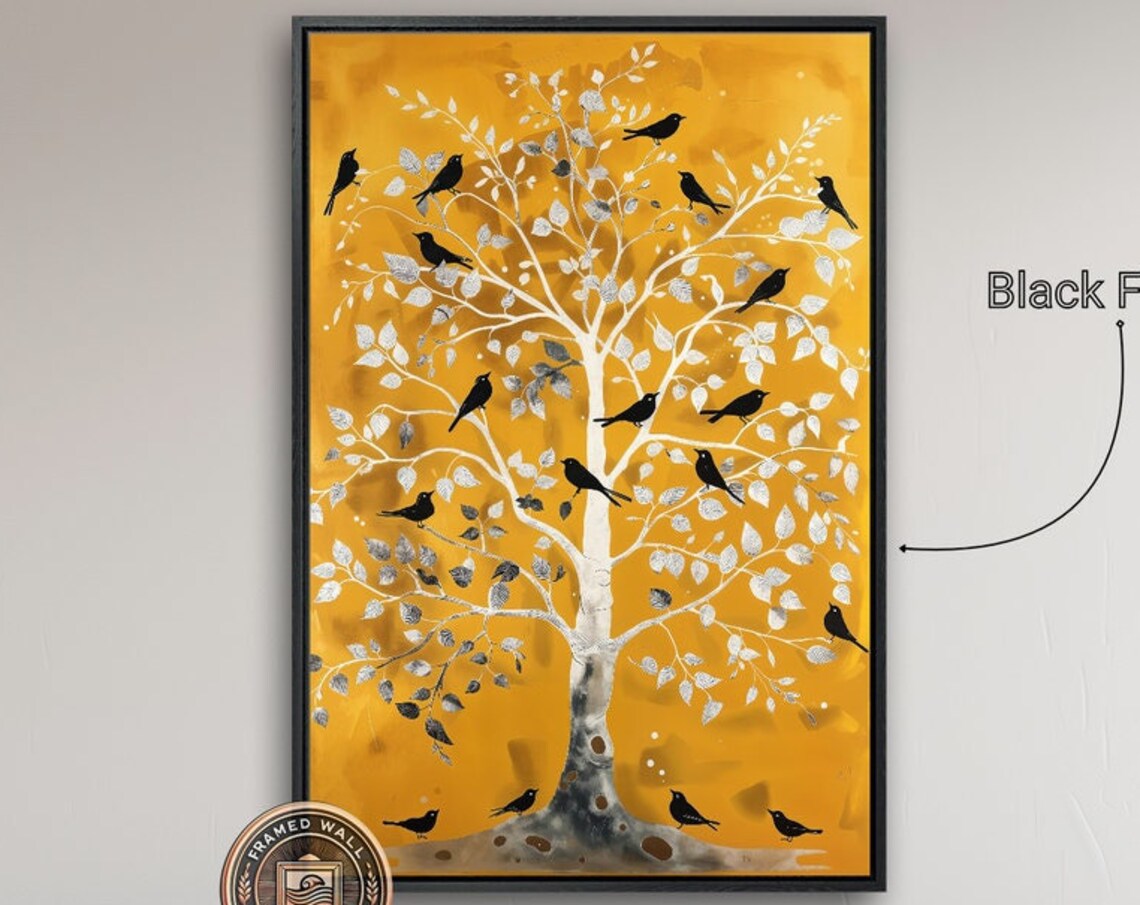 Black Birds Golden Tree Silver Leaves Minimalist Nature Art Poster