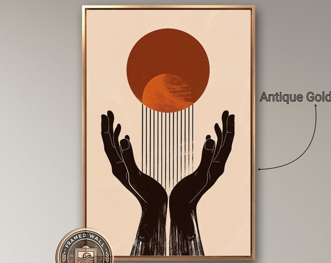 Boho Hands Holding Sun Minimalist Terracotta Line Art Poster