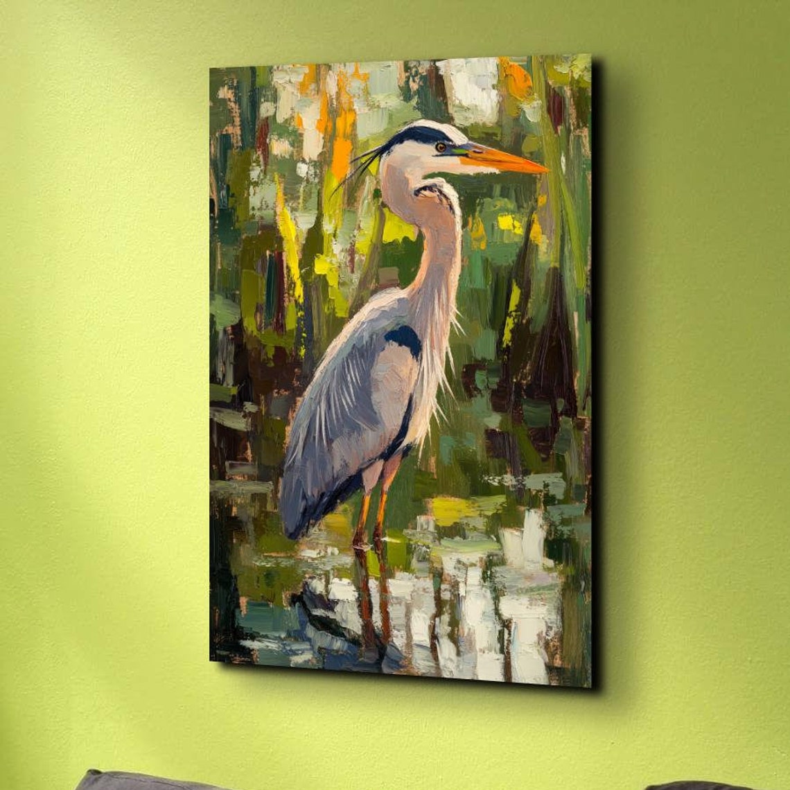 Great Blue Heron Standing Marsh Impressionist Bird Art Poster