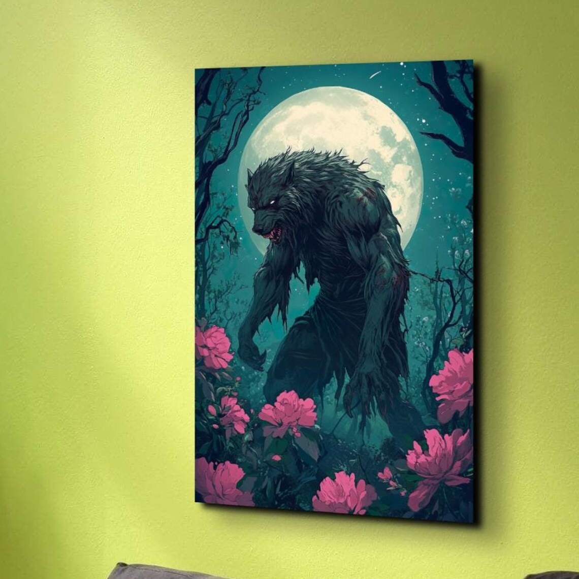 Hunched Werewolf Pink Bloom Forest Full Moon Comic Horror Poster
