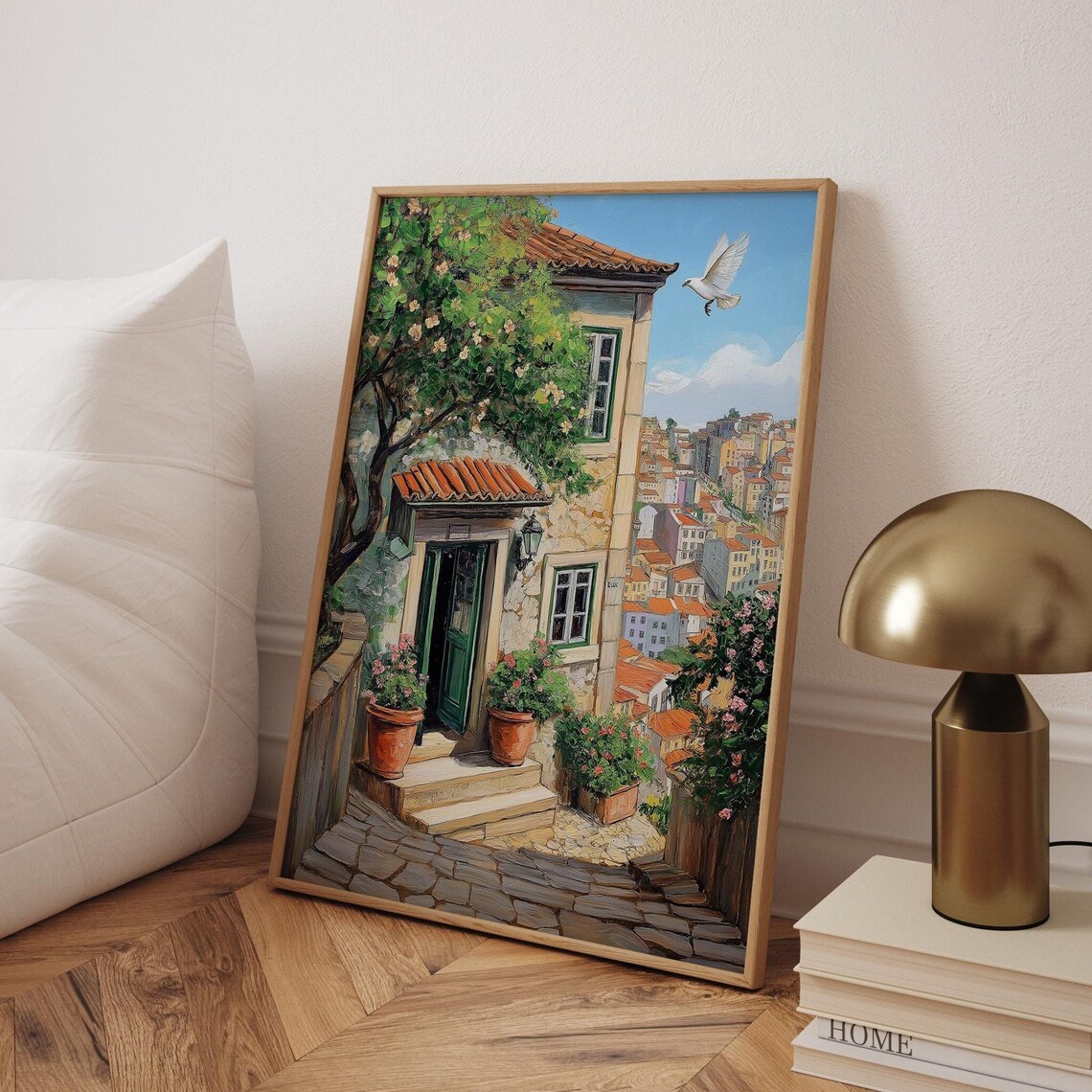 Lisbon Old Town Stone House Dove Oil Painting Cityscape Poster