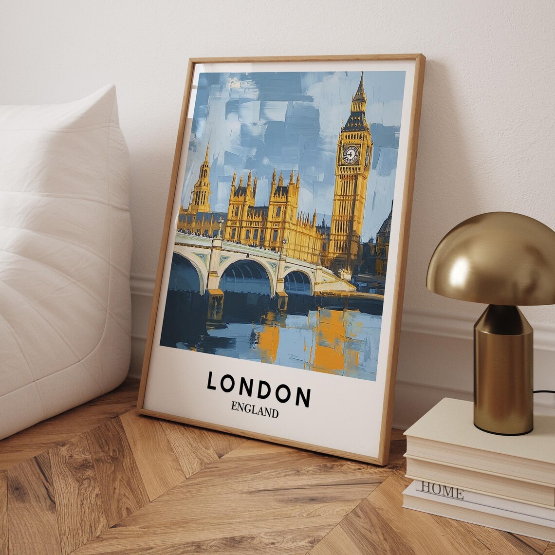 London England Big Ben Gouache Thames Reflection Travel Poster