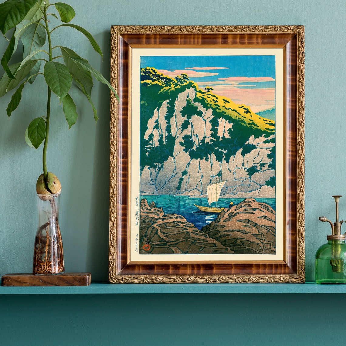 Japanese White Cliffs Sailboat Cove Woodblock Style Sea Poster - Image 3