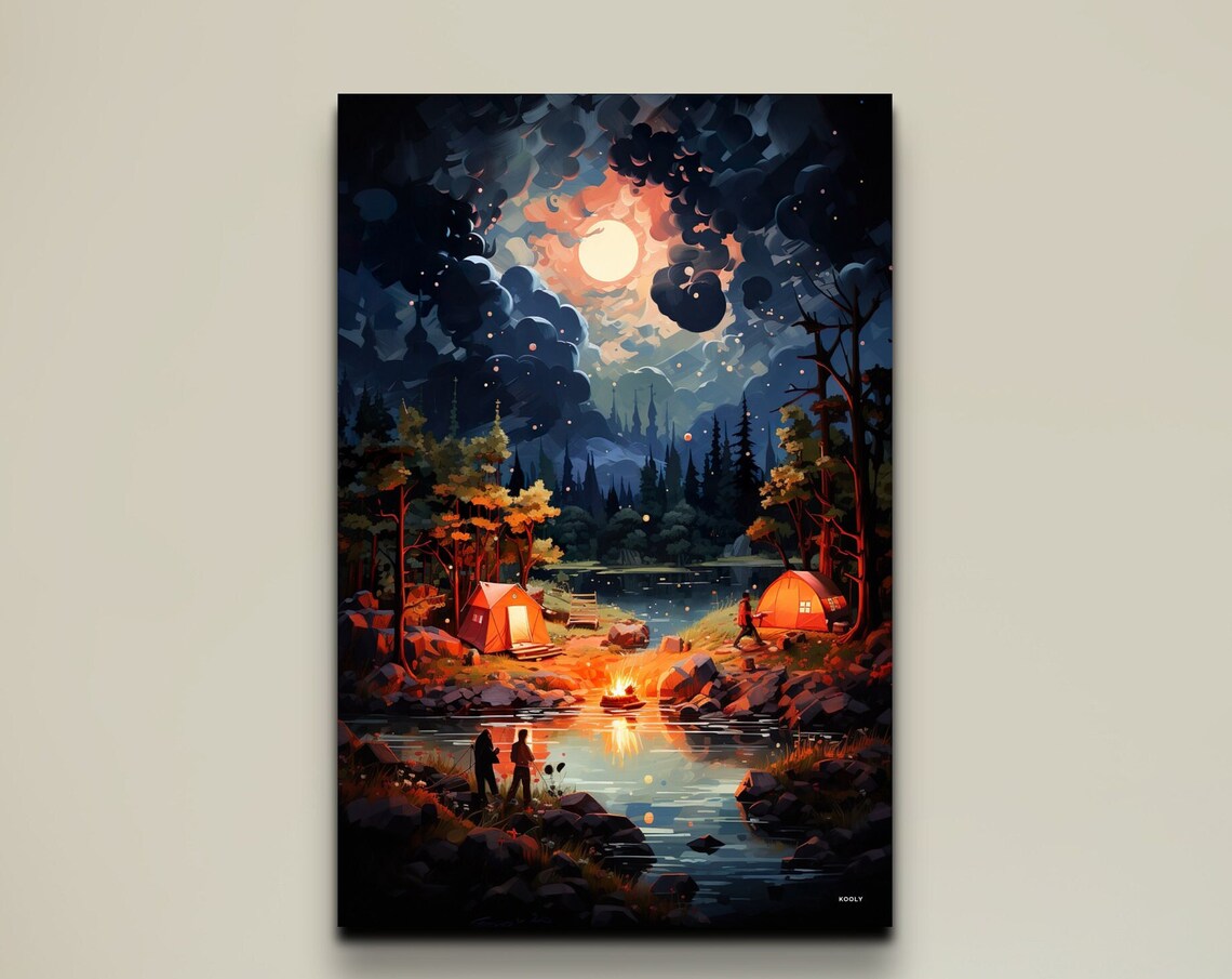 Night Camping By The Lake Under Full Moon Tents Campfire Poster