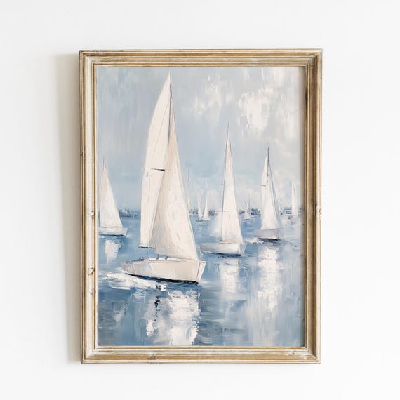 Vintage Sailing Boats Art Print, Nautical Harbor Regatta
