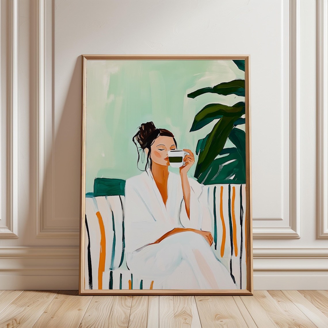 Green Minimalist Woman Drinking Coffee Relaxing Self Care Wall Art Print