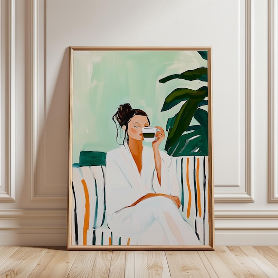 Green Minimalist Woman Drinking Coffee Relaxing Self Care Wall Art Print
