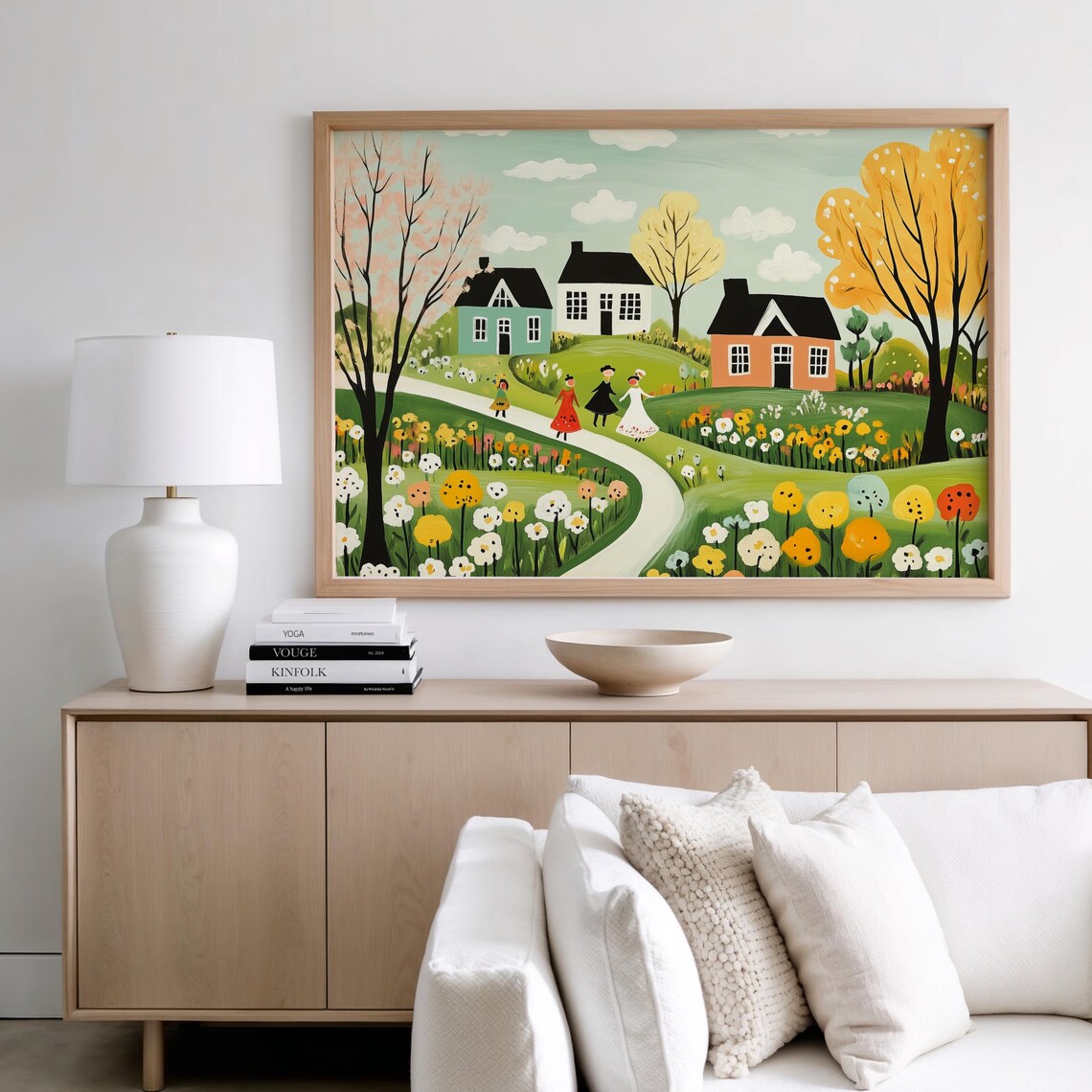 Whimsical Spring Countryside Folk Art Cottages Flower Path Travel Poster - Image 2