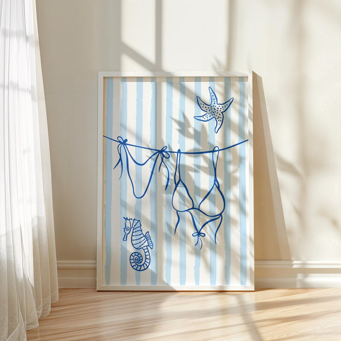 Coastal Blue Striped Bikini Clothesline Starfish Summer Beach Wall Art Print - Image 3