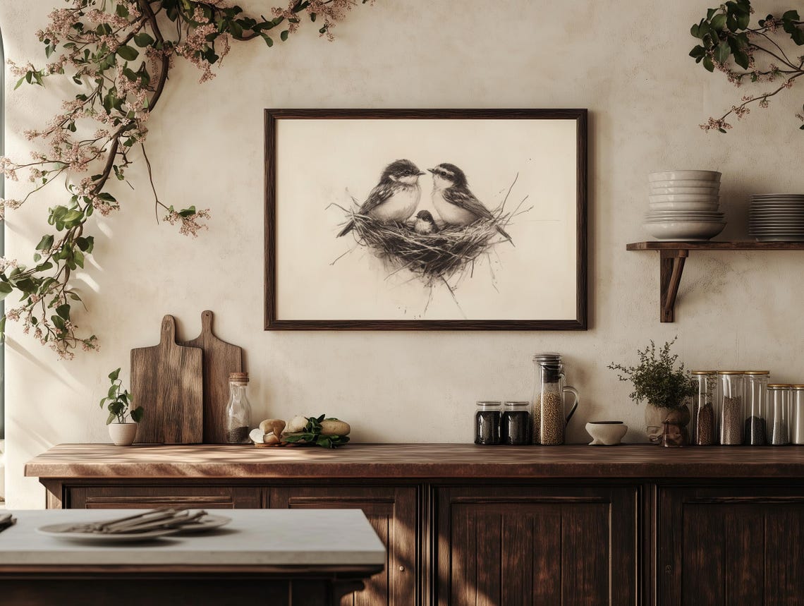 Bird Nest Pencil Sketch, Baby Birds Nursery Art - Image 3
