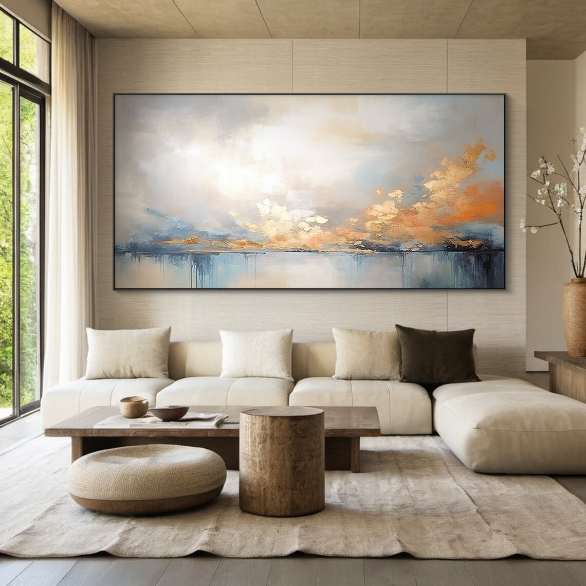 Gold and Blue Abstract Sunset Over Water Oil Painting Panoramic Poster - Image 3