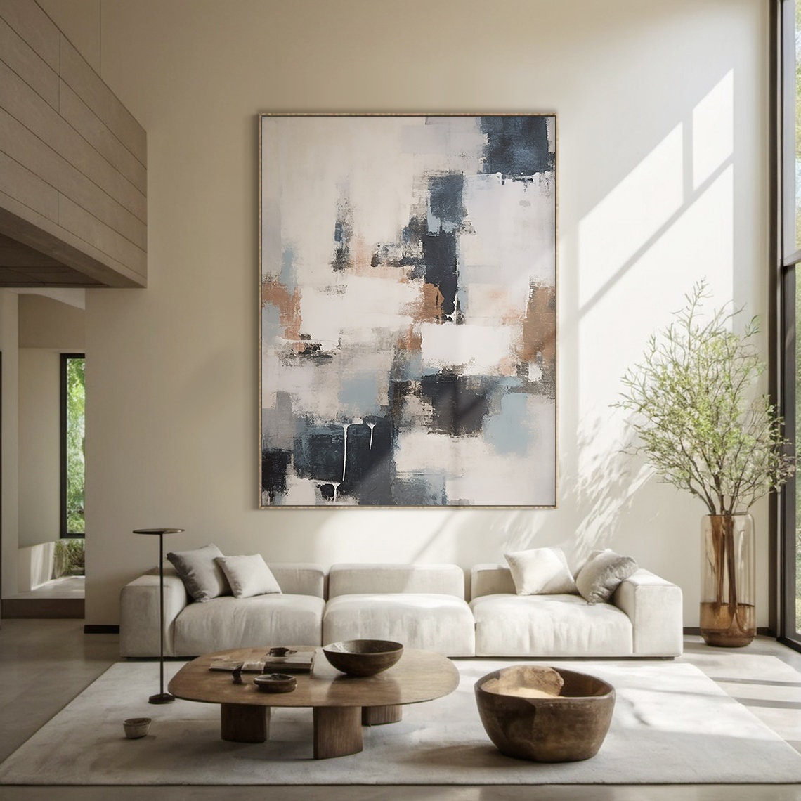 White Grey Navy Abstract Oil Painting Vertical Blocks Modern Poster